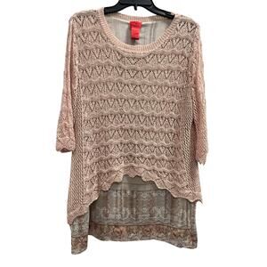 CHRISTINA layered cream boho lagenlook crochet blouse 3/4 sleeve sz L